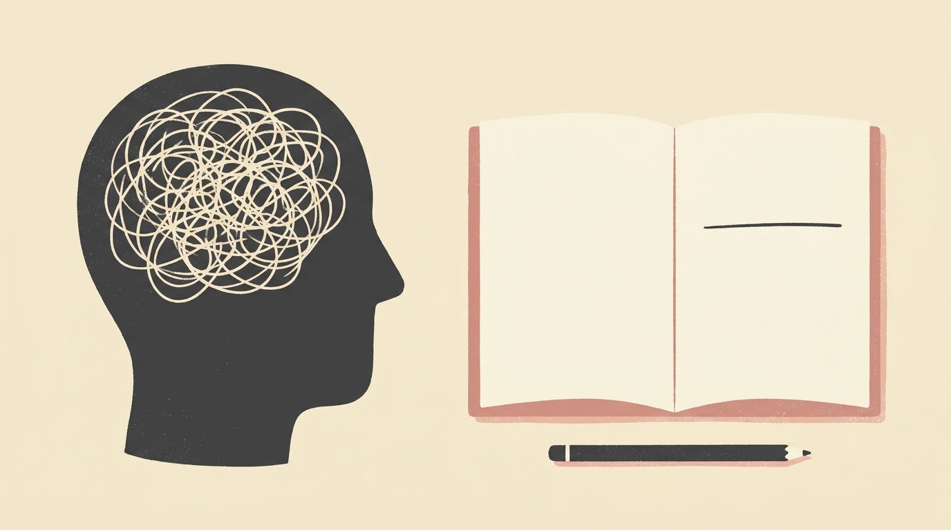 A tangled brain silhouette next to a clean open notebook representing blank page anxiety