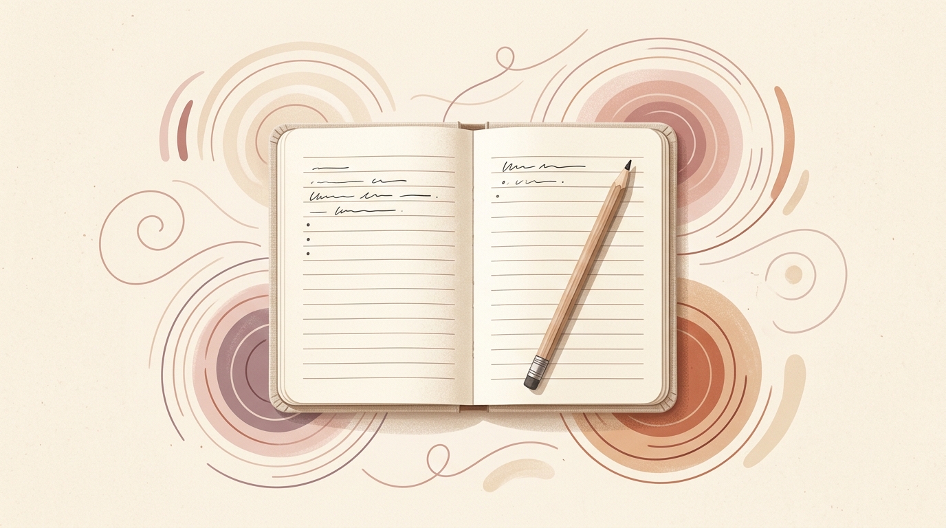 An open journal with a pencil surrounded by soft thought bubbles